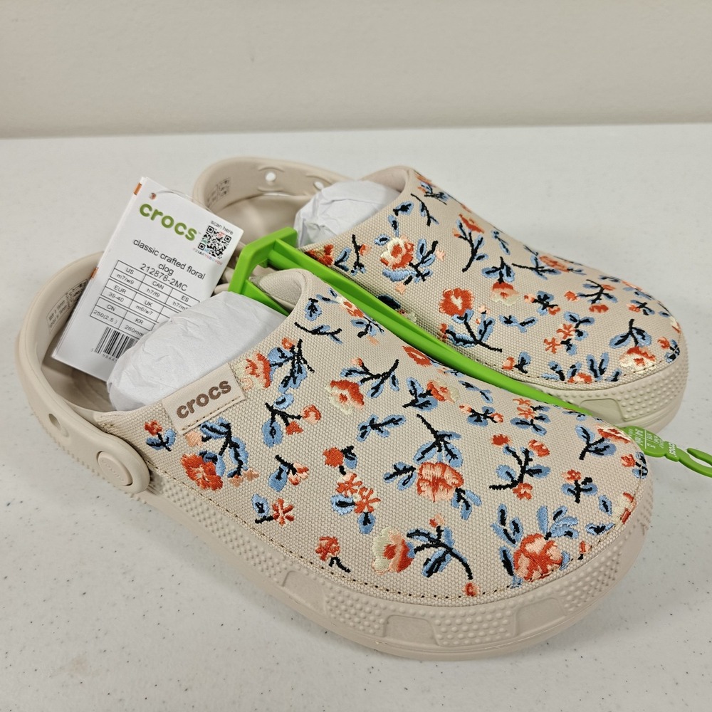 Crocs Classic Crafted Floral Clogs Women's 9 Beige Flower Canvas M7 W9 NEW